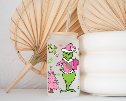 Pink Grinch Glass Cup